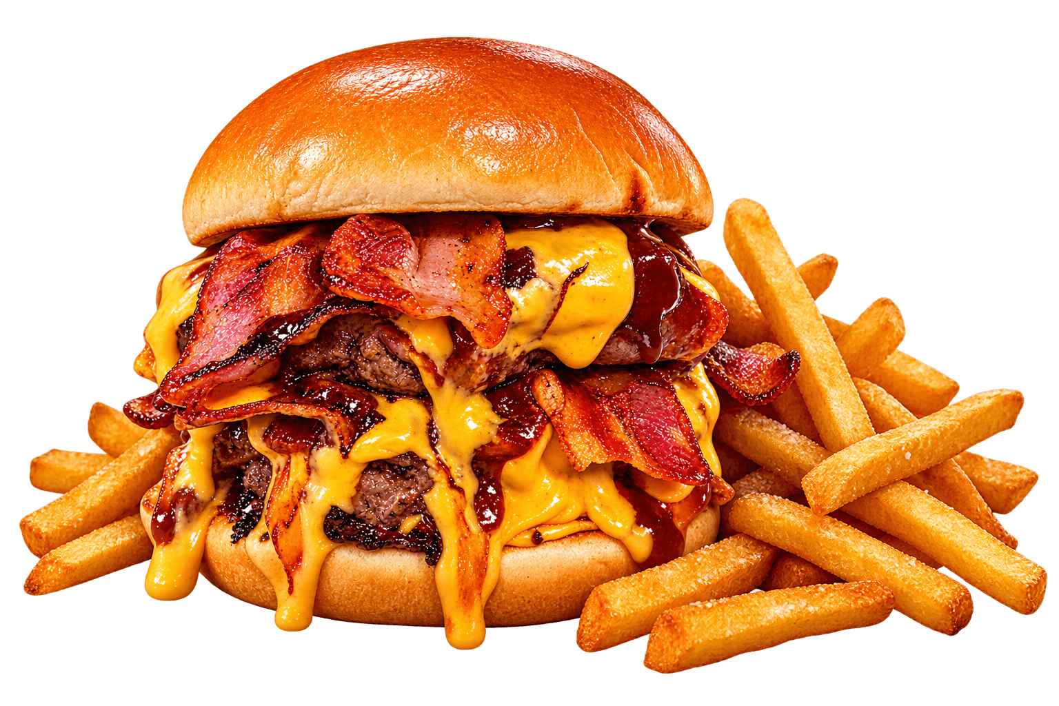 Smash burger con cheddar, bacon y papas de Fuego Bravo